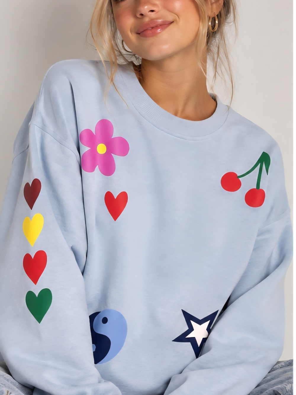 Bailey Rose Y2K Colorful Graphic Sweatshirt Baby Blue M
